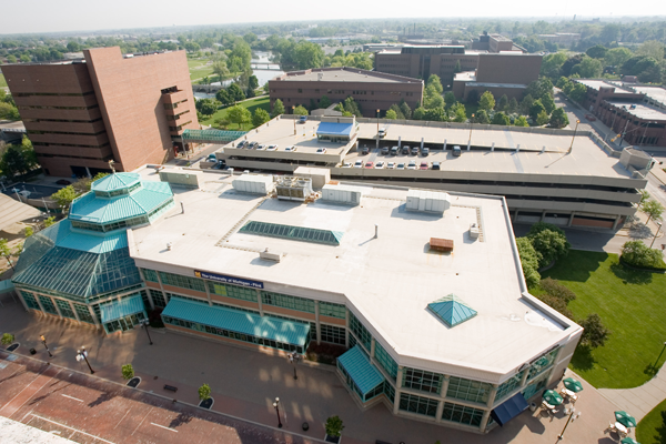 Overhead view of UM-Flint campus looking east