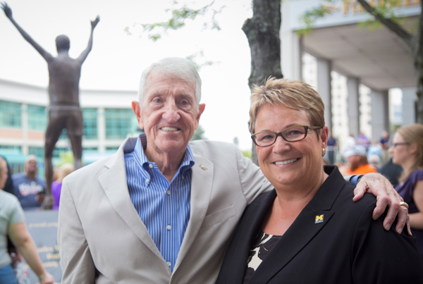 Bobby Crim and UM-Flint Chancellor Susan Borrego after unveiling of his statue and scholarship donation