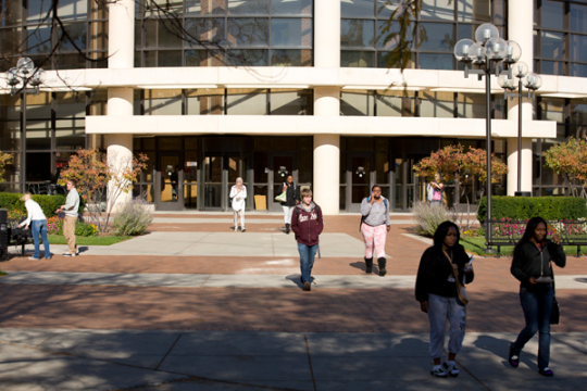 Students leaving UM-Flint's William S. White Building