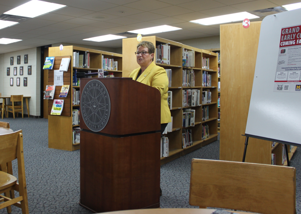 UM-Flint Chancellor Susan E. Borrego announces new Grand Blanc Early College partnership.