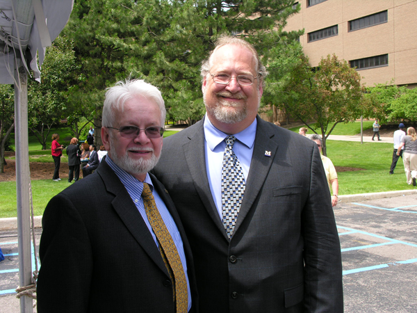 Former Chancellor Juan E. Mestas (L) and Professor Jack Kay (R) at the groundbreaking ceremony for First Street Residence Hall.