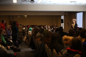 Angela Davis taking questions during the morning Q and A