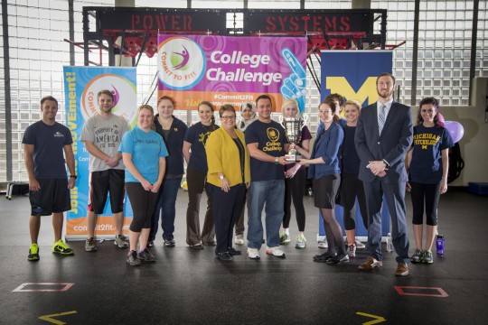 Chancellor Susan E. Borrego congratulates UM-Flint's Commit to Fit College Challenge team.