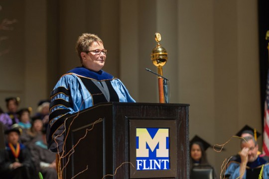 Chancellor Susan E. Borrego giving her inauguration speech.