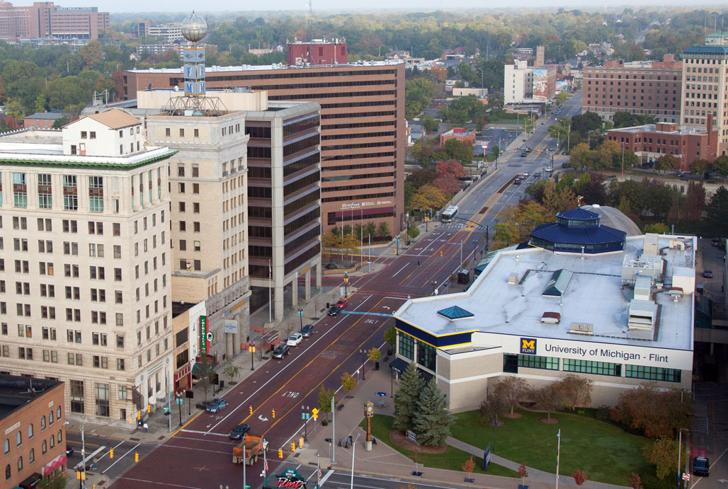 Arial view of downtown Flint looking north from Mott Foundation Building