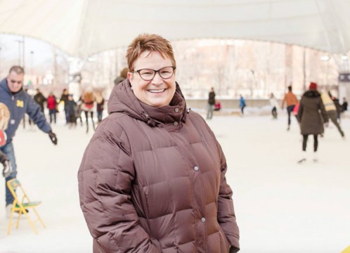 Chancellor Susan E. Borrego helps reopen downtown ice rink.