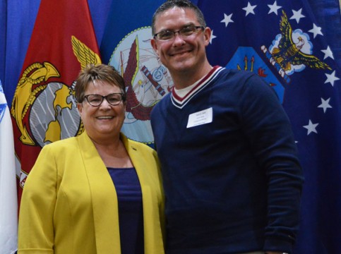 Chancellor Susan E. Borrego with student speaker Ryan Clark at the 2016 Veterans' Graduation Dinner. Photo by Ashley Hawthorne.