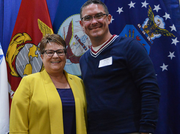 Chancellor Susan E. Borrego with student speaker Ryan Clark at the 2016 Veterans' Graduation Dinner. Photo by Ashley Hawthorne.
