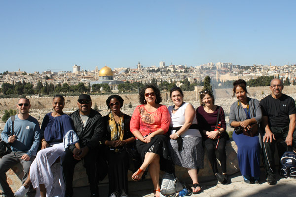 The Detroit Education Delegation on the Mount of Olives in Jerusalem with the Temple Mount and Dome of the Rock behind.