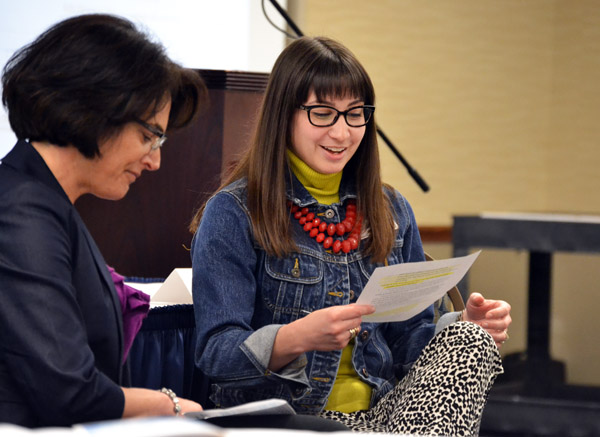 Shelby Newport of Theatre & Dance and Amy York of Physical Therapy discuss peer observation at the 2016 UM-Flint Celebration of Teaching.