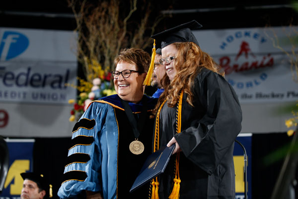 Chancellor Susan E. Borrego and student speaker Saydee Robinson