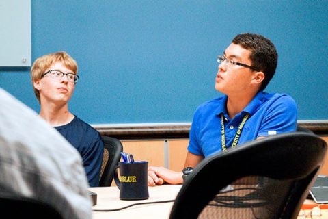 Sean Mason asks a question during a Skype interview with Chris Trejbal.