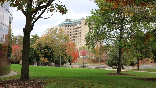 UM-Flint campus in the fall and the Northbank Center