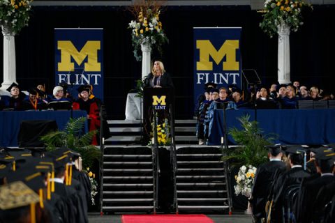 Student speaker Nickie Hewitt graduated with a bachelor’s degree in nursing, earning the university’s highest academic honor as a Maize and Blue Distinguished Scholar Award.