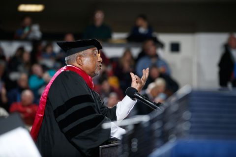 Keynote speaker Dr. Bernard LaFayette, Jr., a lifelong advocate of nonviolent social change, urged University of Michigan-Flint graduates to find their life’s mission and mantra.