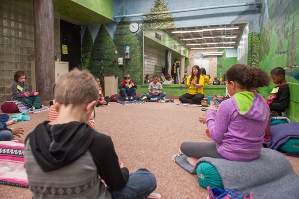 Volunteers lead a mindfulness exercise at UM-Flint on MLK Day 2017.