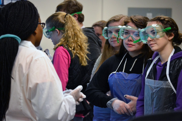 Students from Byron spend time with UM-Flint chemistry students in recently renovated labs.