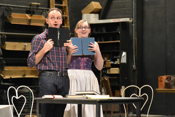 William Irwin runs through a gag with Dominique Hinde who plays Cecily Cardew in "The Importance of Being Earnest."