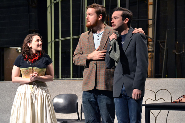 Taylor Boes, Andy Eisengruber, and Lucas Moquin during rehearsal of "The Importance of Being Earnest"