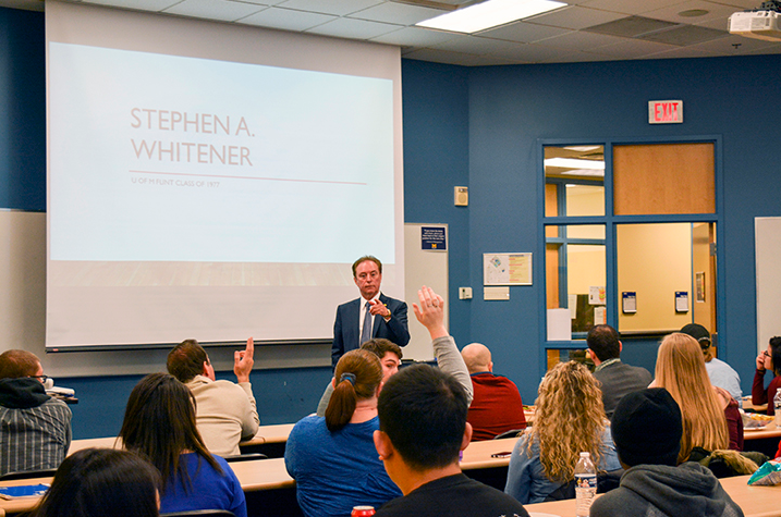 Alumnus Stephen A. Whitener speaks to UM-Flint business students