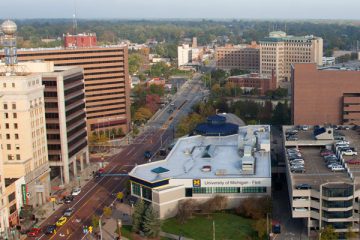 Aerial view of downtown Flint looking north.