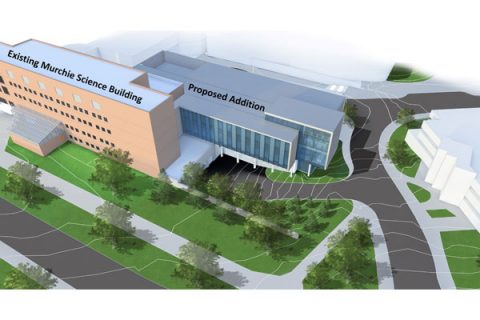 An aerial rendering of the William R. Murchie Science Building expansion. (Drawing courtesy of Architecture, Engineering and Construction)