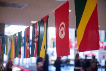 Flags from around the world hang in the University Center at UM-Flint.