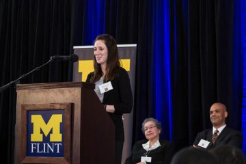 UM-Flint student Meghan Lucero received a scholarship created by Clarence Sevillian, who received a scholarship created by Dr. Ernestine Smith when he was a student.