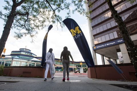 UM-Flint students outside Riverfront Residence Hall