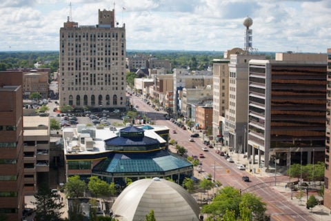 UM-Flint's University Pavilion, and other downtown Flint businesses along Saginaw Street.