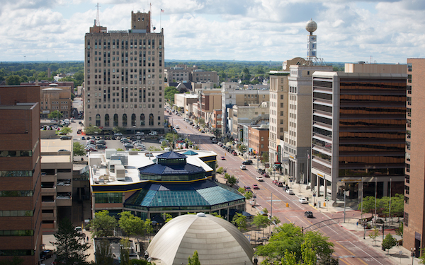 UM-Flint's University Pavilion, and other downtown Flint businesses along Saginaw Street.