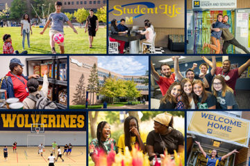 A collage of photographs show UM-Flint students kicking a soccer ball, studying in the UCEN, getting food at the Wolverine Food Den, playing basketball in the Rec Center and hanging out on campus.