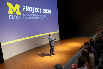 Chancellor Deba Dutta discussing Project 2020