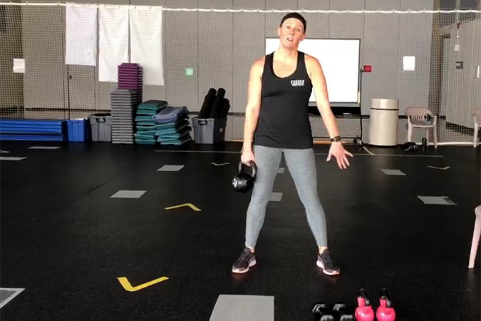 Trainer Jessica Viertlboeck creates workout videos for the campus community to help stay active while adhering to stay at home orders during the COVID-19 pandemic.