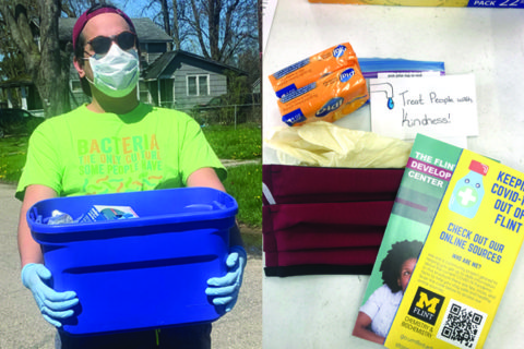 Miguel Strawn ('20, left) delivering care packages (right) to Flint residents. (Photos courtesy of Miguel Strawn)