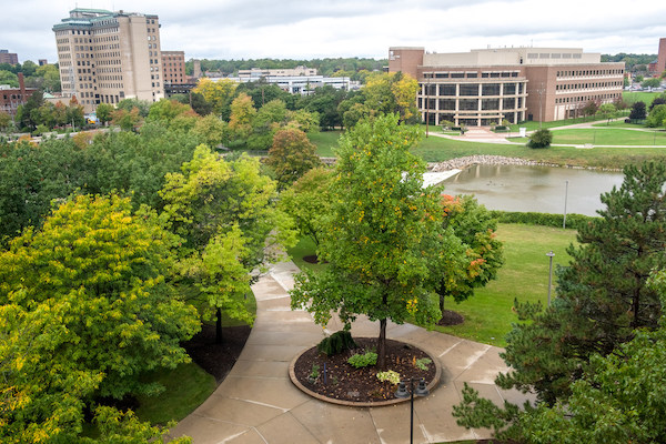 A scene of campus facing the Flint River, White Building, and Northbank Center. The trees are green and the sidewalk is wet as it's just been raining.