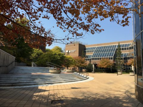 McKinnon courtyard on UM-Flint's campus in October 2020. The trees are turning orange and red, and the UCEN sits in the background.