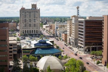 Photo of campus and downtown Saginaw St.