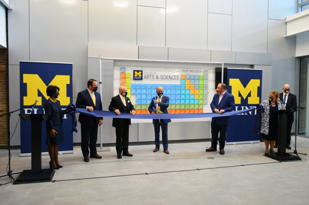 Pictured L to R: Provost Sonja Feist-Price, Regent Michael Behm, Mayor Sheldon Neeley, Chancellor Deba Dutta, Senator Jim Ananich, CAS Dean Susan Gano-Phillips, CIT Dean Christopher Pearson preparing to cut a ceremonial ribbon.