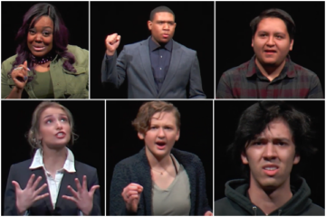 a collage of performers reciting their monologues against a black background