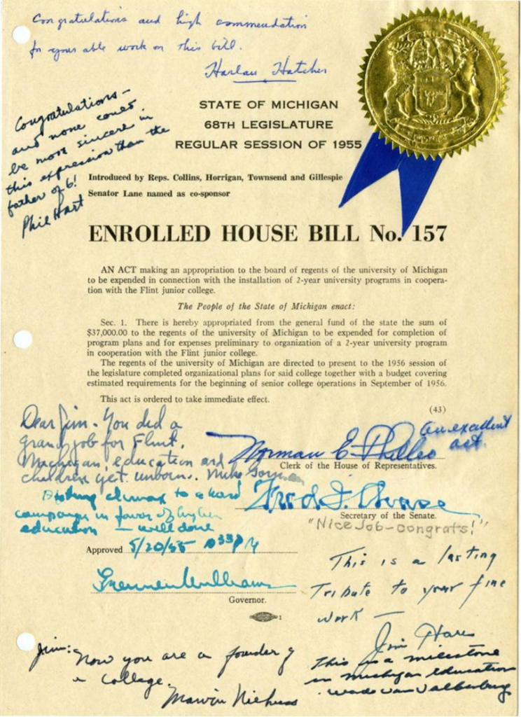 The legislative bill creating the Flint College. 