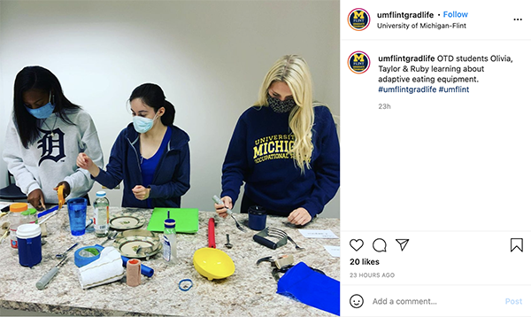 occupational therapy students working with adaptive eating equipment. 