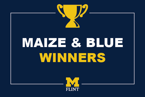 A graphic with Maize & Blue Winners text, a trophy and the UM-Flint stamp
