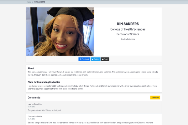 A screenshot of Kim Sanders graduate profile. 