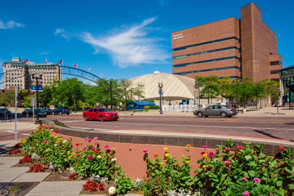 A photo of Saginaw St. in summer with flowers.