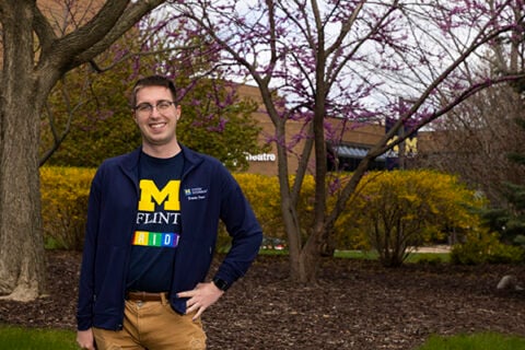 Harley Brown in UM-Flint gear on campus