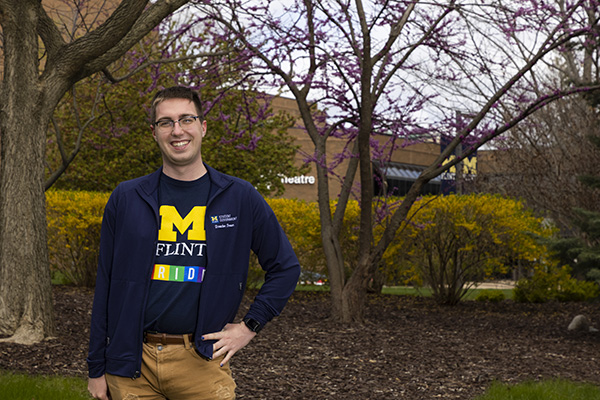 Harley Brown in UM-Flint gear on campus