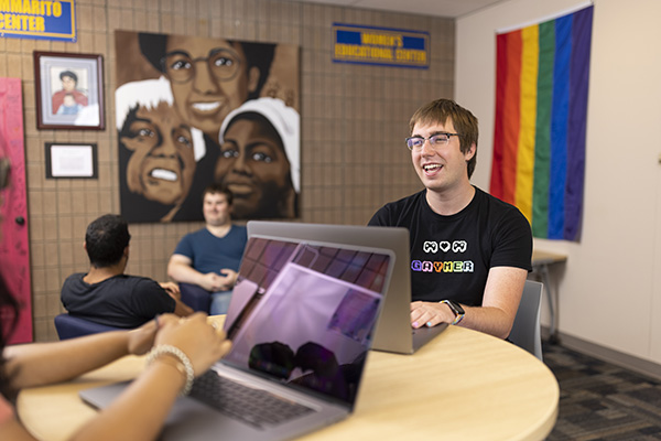 Harley using a laptop in the Center for Gender & Sexuality