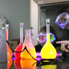 Chemistry student observes beakers with bright liquids