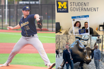 A collage of a UM-Flint baseball player, student government, and students posing next to the Wall Street Bull
